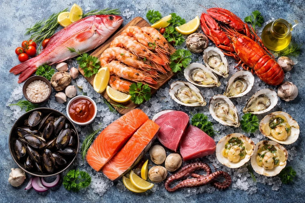 frutos do mar livrinho de receitas - Fonte: Imagem gerada por IA (DALL·E / ChatGPT)