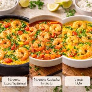 Receita de Moqueca de Camarão Fácil e Irresistível diferentes versões da receita de moqueca de camarão servidas em pratos variados - Fonte: Imagem gerada por IA (DALL·E / ChatGPT)