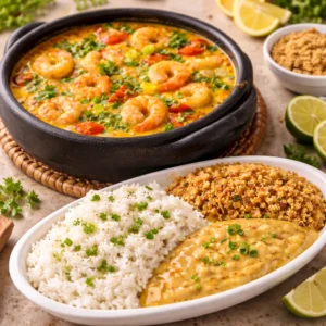 Receita de Moqueca de Camarão Fácil e Irresistível moqueca de camarão servida com arroz branco farofa e pirão - Fonte: Imagem gerada por IA (DALL·E / ChatGPT)