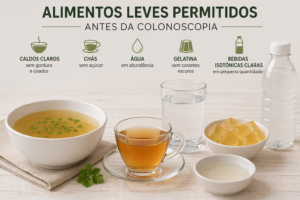 O que pode comer antes da colonoscopia? Guia completo Alimentos leves e líquidos são fundamentais no preparo para colonoscopia - Fonte: Imagem gerada por IA (DALL·E / ChatGPT)