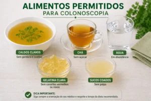 Alimentos Permitidos Colonoscopia: Lista Segura Alimentos leves e líquidos são essenciais para o preparo correto da colonoscopia - Fonte: Imagem gerada por IA (DALL·E / ChatGPT)