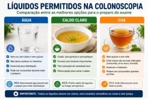 Dieta Líquida Colonoscopia: O Que Consumir Certo Líquidos claros ajudam na limpeza do intestino e no preparo para o exame - Fonte: Imagem gerada por IA (DALL·E / ChatGPT)