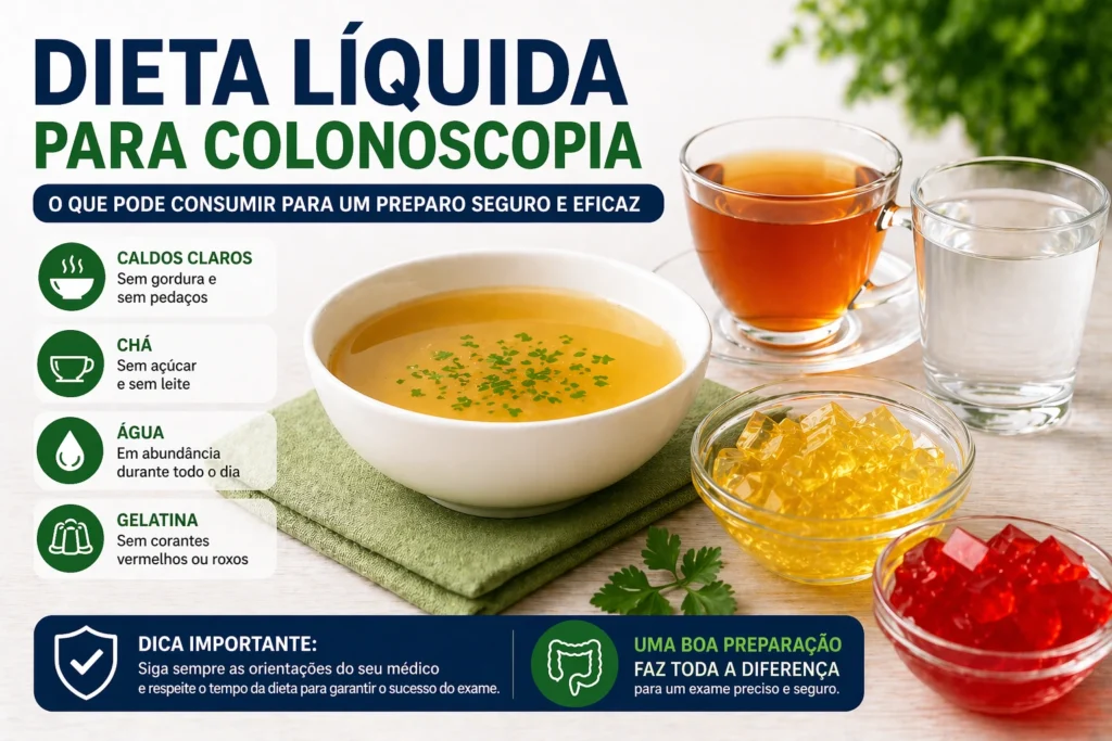 Dieta Líquida Colonoscopia: O Que Consumir Certo Dieta Líquida Colonoscopia: O Que Consumir Certo - Fonte: Imagem gerada por IA (DALL·E / ChatGPT)