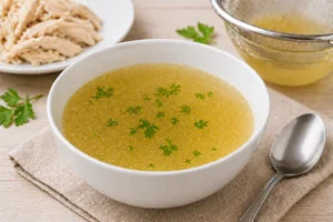 Pode Tomar Caldo de Galinha Antes da Colonoscopia? O caldo de galinha pode ser consumido antes da colonoscopia, desde que seja leve e coado - Fonte: Imagem gerada por IA (DALL·E / ChatGPT)