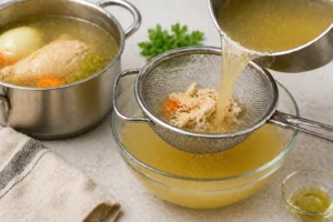Pode Tomar Caldo de Galinha Antes da Colonoscopia? O caldo deve ser sempre coado e sem resíduos para não comprometer o exame - Fonte: Imagem gerada por IA (DALL·E / ChatGPT)
