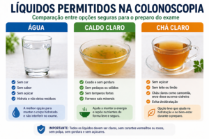 Alimentos Permitidos Colonoscopia: Lista Segura Líquidos claros são a base da alimentação antes do exame - Fonte: Imagem gerada por IA (DALL·E / ChatGPT)
