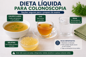 Alimentos Permitidos Colonoscopia: Lista Segura A dieta líquida é fundamental nas últimas 24 horas antes do exame - Fonte: Imagem gerada por IA (DALL·E / ChatGPT)