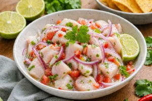 Receita de Ceviche de Tilápia Fácil e Rápida Ceviche de tilápia fresco e colorido, perfeito para dias quentes. - Fonte: Imagem gerada por IA (DALL·E / ChatGPT)