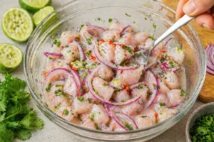 Receita de Ceviche de Tilápia Fácil e Rápida O limão é responsável por “cozinhar” o peixe no ceviche. - Fonte: Imagem gerada por IA (DALL·E / ChatGPT)