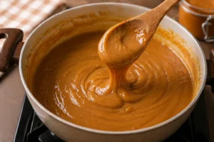 Pote de Doce de Leite Caseiro Cremoso (Fácil!) Doce de leite sendo mexido na panela com textura cremosa. - Fonte: Imagem gerada por IA (DALL·E / ChatGPT)