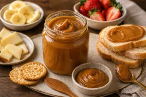 Pote de Doce de Leite Caseiro Cremoso (Fácil!) Doce de leite servido com pão e frutas em mesa rústica. - Fonte: Imagem gerada por IA (DALL·E / ChatGPT)