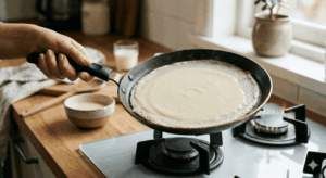 Receita de Massa de Crepe Simples e Perfeita Uma foto de close-up em ângulo de 45 graus, focada na frigideira antiaderente escura. A frigideira está suspensa alguns centímetros acima de um fogão de indução ou a gás. Uma mão (apenas o pulso e a mão visíveis, com uma luva de cozinha de silicone ou pano) segura o cabo e inclina a frigideira para os lados. A massa bege clara e lisa está correndo e preenchendo o fundo, formando um círculo perfeito e muito fino, começando a secar nas bordas. O fundo é uma cozinha doméstica limpa e desfocada. A luz é natural e suave. - Fonte: Imagem gerada por IA / Gemini