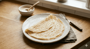 Receita de Massa de Crepe Simples e Perfeita O cenário é uma mesa de madeira rústica e clara. Um prato de cerâmica artesanal branco contém um único crepe. O crepe está perfeitamente cozido (com aquelas manchas douradas clássicas), é visivelmente muito fino e foi dobrado em quatro (formando um triângulo). - Fonte: Imagem gerada por IA / Gemini