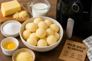 Como Assar Pão de Queijo na Airfryer Perfeito Ingredientes para pão de queijo na airfryer - Fonte: Imagem gerada por IA (DALL·E / ChatGPT)