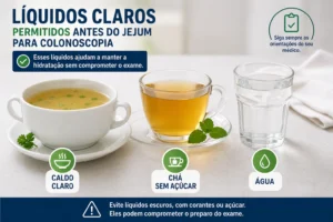 Quantas Horas de Jejum Antes da Colonoscopia? Antes do jejum total, líquidos claros são permitidos - Fonte: Imagem gerada por IA (DALL·E / ChatGPT)