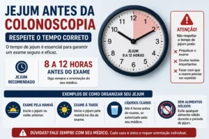 Quantas Horas de Jejum Antes da Colonoscopia? Respeitar o tempo de jejum evita problemas no exame - Fonte: Imagem gerada por IA (DALL·E / ChatGPT)