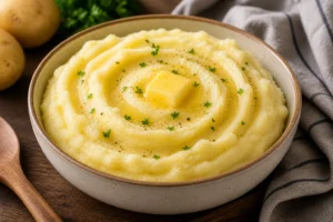 Como Fazer Purê de Batata Cremoso Perfeito Purê de batata cremoso servido em tigela com manteiga derretendo por cima. - Fonte: Imagem gerada por IA (DALL·E / ChatGPT)