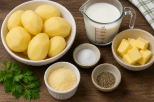 Como Fazer Purê de Batata Cremoso Perfeito Batatas cruas, leite, manteiga e temperos organizados sobre bancada. - Fonte: Imagem gerada por IA (DALL·E / ChatGPT)