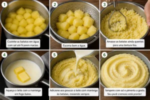 Como Fazer Purê de Batata Cremoso Perfeito Batatas sendo amassadas e misturadas com leite e manteiga. - Fonte: Imagem gerada por IA (DALL·E / ChatGPT)