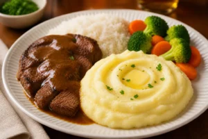 Como Fazer Purê de Batata Cremoso Perfeito Purê servido com carne e molho em prato completo. - Fonte: Imagem gerada por IA (DALL·E / ChatGPT)