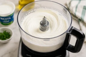 Creme de Ricota Light Caseiro: Mais Cremoso e Saudável O segredo está em bater até ficar extremamente cremoso. - Fonte: Imagem gerada por IA (DALL·E / ChatGPT)