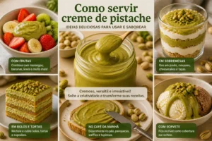 Creme Pistache Caseiro Cremoso e Irresistível Creme de pistache servido com sobremesas e frutas. - Fonte: Imagem gerada por IA (DALL·E / ChatGPT)