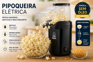 Pipoca Perfeita na Pipoqueira Elétrica: Crocante e Saudável Pipoca sendo preparada em pipoqueira elétrica com grãos estourando - Fonte: Imagem gerada por IA (DALL·E / ChatGPT)