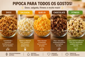 Pipoca Perfeita na Pipoqueira Elétrica: Crocante e Saudável Diferentes tipos de pipoca em tigelas com sabores variados - Fonte: Imagem gerada por IA (DALL·E / ChatGPT)