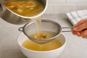 Caldo Claro para Exames: Receita Leve e Segura O caldo precisa ser completamente coado antes do consumo - Fonte: Imagem gerada por IA (DALL·E / ChatGPT)