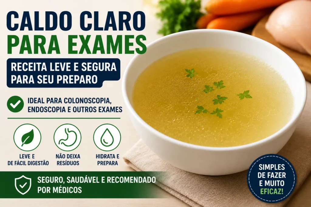 Caldo Claro para Exames: Receita Leve e Segura Caldo Claro para Exames: Receita Leve e Segura - Fonte: Imagem gerada por IA (DALL·E / ChatGPT)
