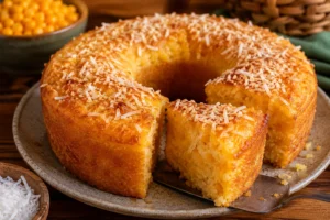 Bolo de Coco com Milho: Muito Fácil O aroma marcante e a cor dourada desse bolo transformam qualquer fim de tarde em um momento especial. - Fonte: Imagem gerada por IA (DALL·E / ChatGPT)