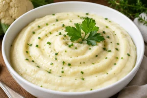 Purê de Couve-Flor: A Receita Leve Que Surpreende no Sabor Um purê de couve-flor bem preparado pode ficar tão cremoso quanto versões tradicionais. - Fonte: Imagem gerada por IA (DALL·E / ChatGPT)
