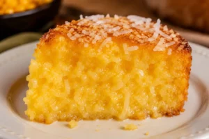 Bolo de Coco com Milho: Muito Fácil A textura interna revela o equilíbrio exato: massa estruturada que derrete na boca com pedacinhos reais de coco. - Fonte: Imagem gerada por IA (DALL·E / ChatGPT)