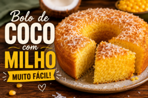 Sobremesa Fácil: Receitas Rápidas que Todos Amam! Bolo de Coco com Milho: Muito Fácil - Fonte: Imagem gerada por IA (DALL·E / ChatGPT)