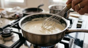 Receita de Molho Branco Perfeito: O Segredo de Chef O segredo para não empelotar: use o batedor de arame (fouet) e adicione o leite morno aos poucos.