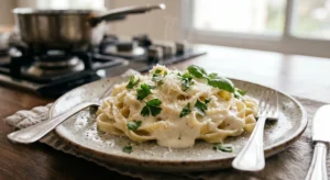 Receita de Molho Branco Perfeito: O Segredo de Chef Prato de macarrão fettuccine coberto com molho branco cremoso e queijo parmesão