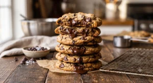 Receita de Cookies: O Segredo do Miolo Macio Revelado! O visual clássico dos autênticos cookies americanos: dourados nas bordas e incrivelmente macios no centro.